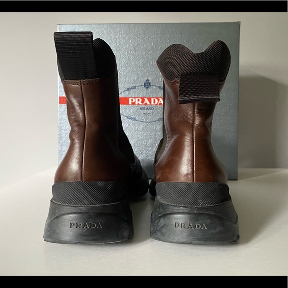 Prada Men’s Pull up Brown Leather Monolith Chunky Lug Sole Boot - Picture 3 of 6